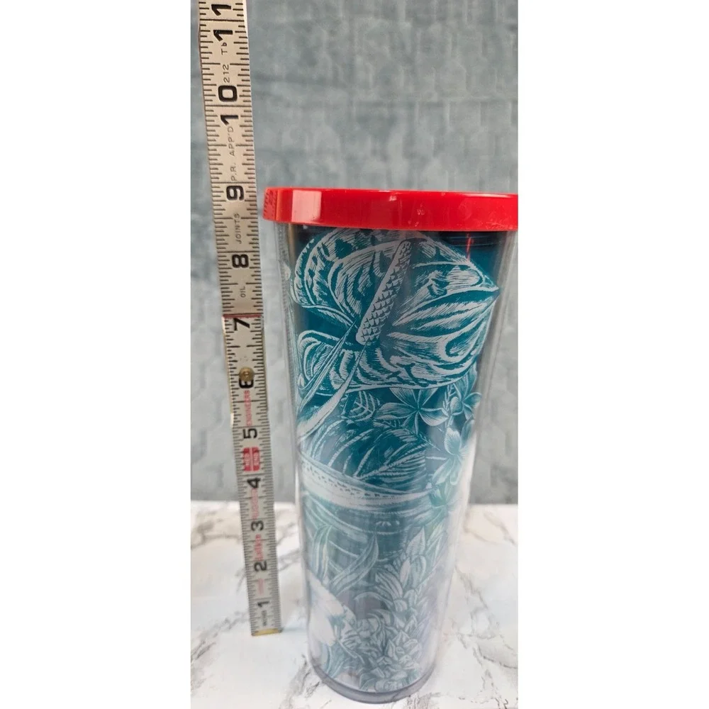 Starbucks Tropical Blue Flower cold tumbler 24 oz. - 2017 red lid, missing straw